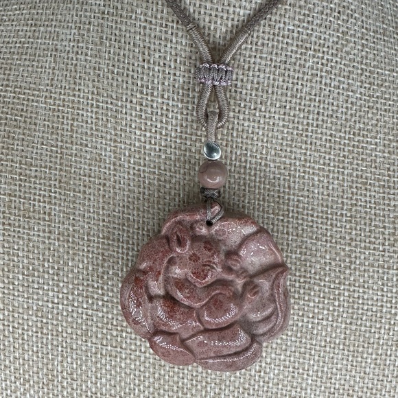 Jewelry - Pink Coral Fossil Sleeping Nine Tail Fox Pendant Necklace; Adjustable Rope
